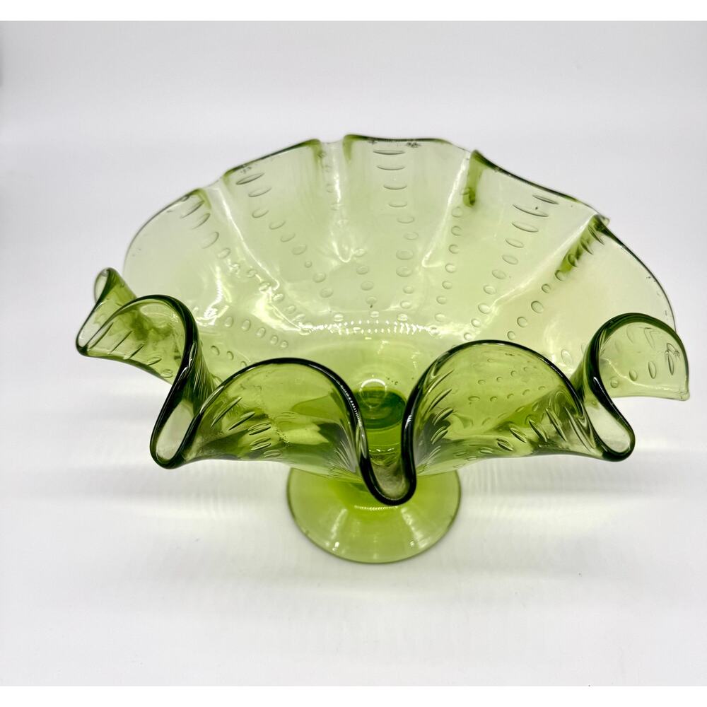 Bowl - LE Smith Hand Blown Green Pedestal Controlled Bubbles RuffledRim 11.5"W
